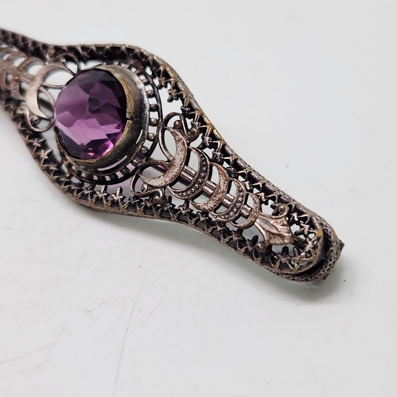 Antique Victorian Edwardian Moon Phase Celestial Filigree Brooch Amethyst C Clas - Picture 3 of 9